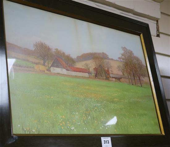 I. Kirkpatrick colour print landscape with farm and barn, 16 x 24in.